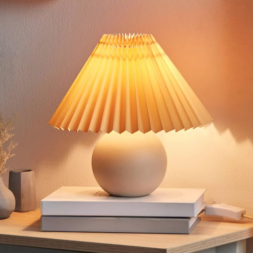 Matte Ceramic Globe Table Lamp with Pleated Shade
