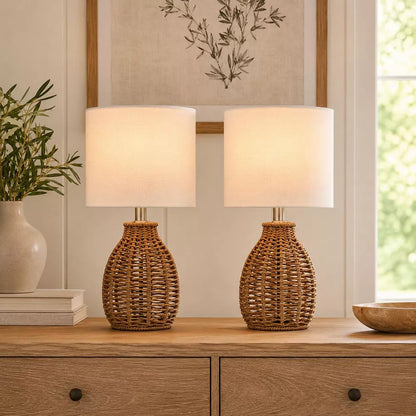 Hand‑Woven Rattan Table Lamp with Fabric Shade